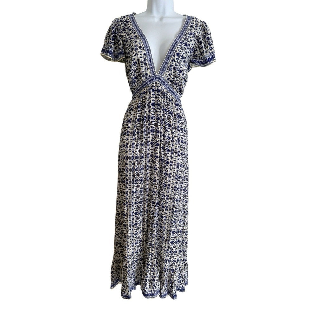 Boho Maxi Dress L Blue White Floral Deep V Empire Waist Cottagecore Vacation - Picture 2 of 10